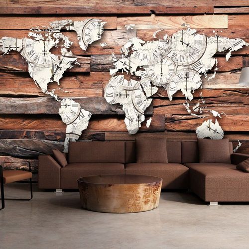 Papier peint intissé Carte du monde Map On Wood : Taille - 150 x 105 cm