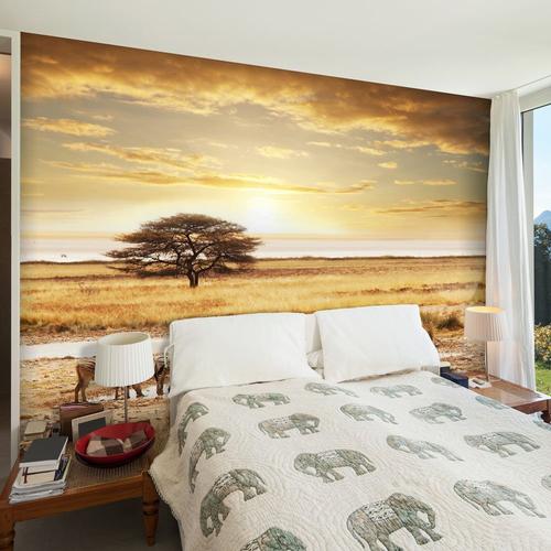 Papier peint intissé Paysages Zèbres africains à l'abreuvoir : Taille - 350 x 270 cm