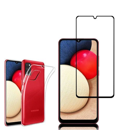 Coque Silicone Pour Samsung Galaxy A02s 6.5" Gel Ultraslim Et Ajustement Parfait - Transparent + 1 Film Verre Trempé - Noir