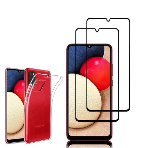 Coque Silicone Pour Samsung Galaxy A02s 6.5" Gel Ultraslim Et Ajustement Parfait - Transparent + 2 Films Verre Trempé - Noir