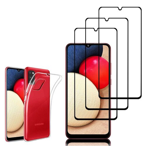 Coque Silicone Pour Samsung Galaxy A02s 6.5" Gel Ultraslim Et Ajustement Parfait - Transparent + 3 Films Verre Trempé - Noir
