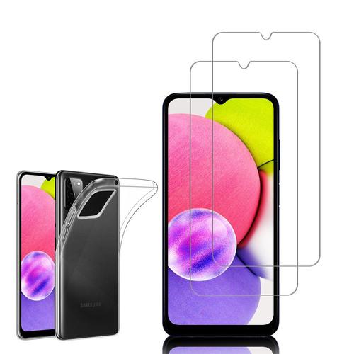 Coque Silicone Pour Samsung Galaxy A03s 6.5" Gel Ultraslim Et Ajustement Parfait - Transparent + 2 Films Verre Trempé - Transparent