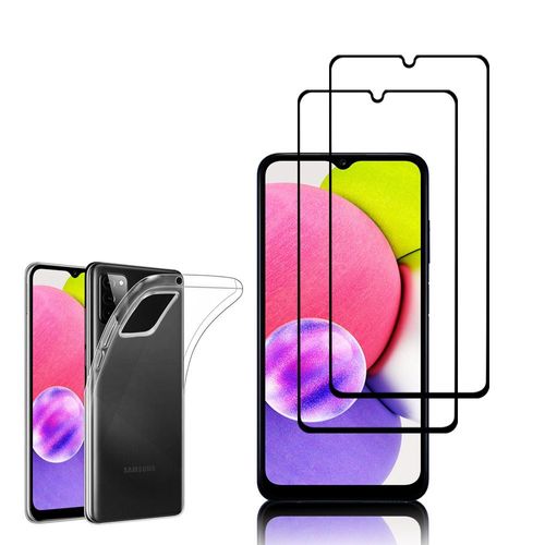 Coque Silicone Pour Samsung Galaxy A03s 6.5" Gel Ultraslim Et Ajustement Parfait - Transparent + 2 Films Verre Trempé - Noir