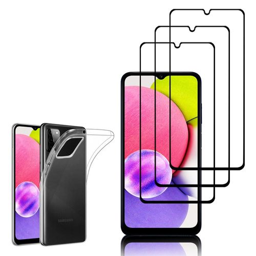Coque Silicone Pour Samsung Galaxy A03s 6.5" Gel Ultraslim Et Ajustement Parfait - Transparent + 3 Films Verre Trempé - Noir