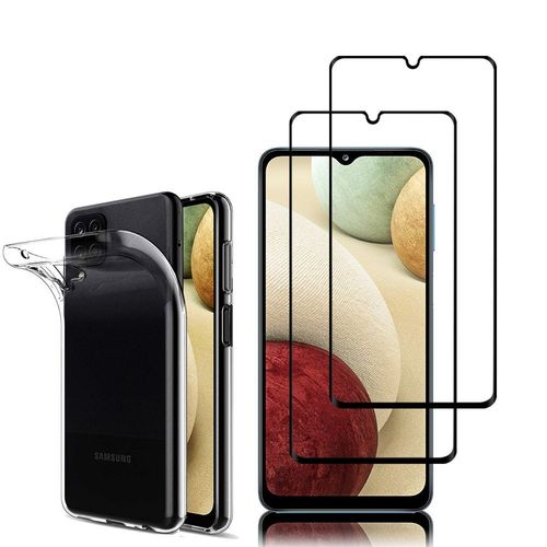 Coque Silicone Pour Samsung Galaxy A12 Nacho 6.5" Gel Ultraslim Et Ajustement Parfait - Transparent + 2 Films Verre Trempé - Noir