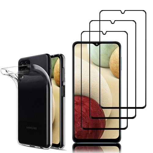 Coque Silicone Pour Samsung Galaxy A12 Nacho 6.5" Gel Ultraslim Et Ajustement Parfait - Transparent + 3 Films Verre Trempé - Noir