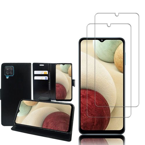 Etui Portefeuille Pour Samsung Galaxy A12 Nacho 6.5" Support Video Cuir Pu - Noir + 2 Films Verre Trempé - Transparent