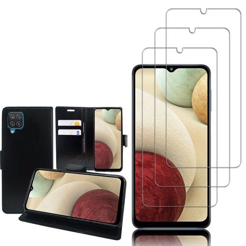 Etui Portefeuille Pour Samsung Galaxy A12 Nacho 6.5" Support Video Cuir Pu - Noir + 3 Films Verre Trempé - Transparent