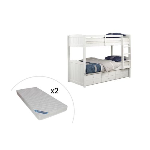 Lits Superposés Séparables Anchise Ii - 2 X 90 X 190 Cm - Avec Rangements - Pin Blanc + Matelas