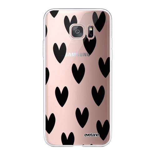 Coque Samsung Galaxy S7 Edge 360 Intégrale Transparente Coeurs Noirs Tendance Evetane.