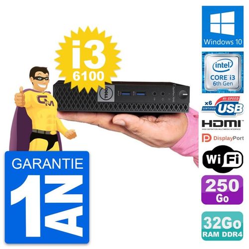 Mini PC Dell 7040 Micro Core i3-6100T RAM 32Go Disque 250Go HDMI Windows 10 Wifi