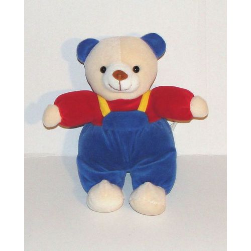 Doudou Ours Coloré Berchet Jls - Peluche Ourson Vintage Salopette Bleu Tee Shirt Rouge 27 Cm