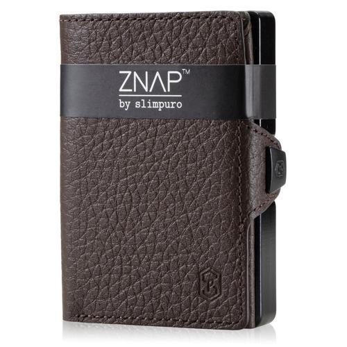 Porte Carte - Slimpuro ZNAP Slim - 12 cartes max. - pochette à monnaie - 8 x 1,8 x 6 cm - Protection RFID - en cuir grainé - brun