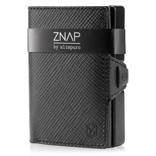 Porte Carte - Slimpuro ZNAP Slim - 12 cartes max. - pochette à monnaie - 8 x 1,8 x 6 cm - Protection RFID - en cuir - saffiano noir