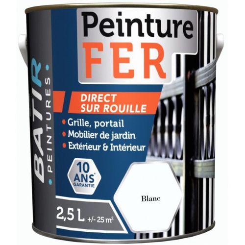 Peinture antirouille fer blanc brillant 2.5L BATIR direct sur rouille renforcé uréthane garantie 10 ans