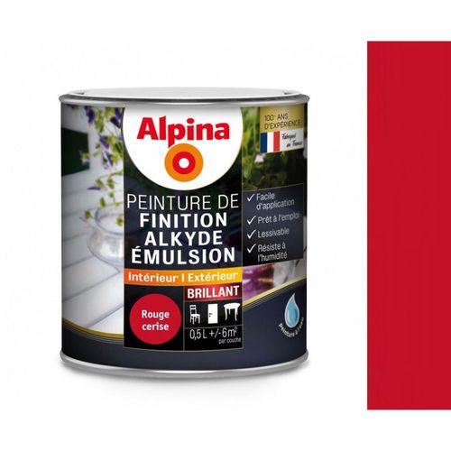 Peinture Laque de finition acrylique tous travaux décoration intérieurs extérieurs Rouge cerise brillant 0.5L ALPINA