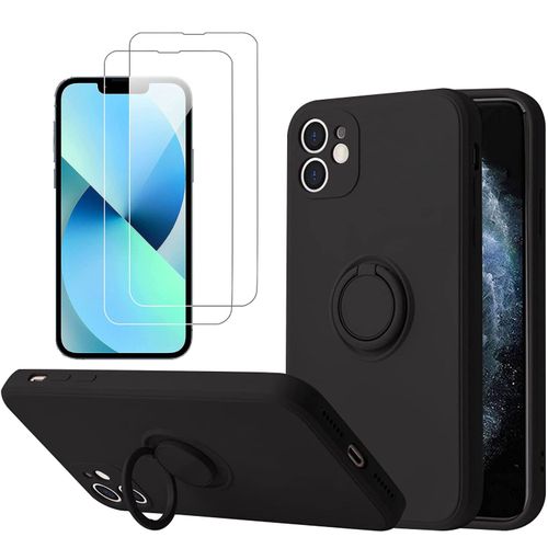 Coque Silicone Pour Iphone 13 Couleur Noir Avec Anneau Support + 2 Verres Trempe Protection Ecran Little Boutik®