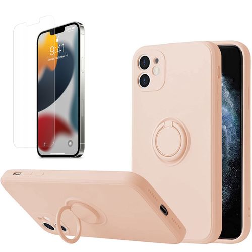 Coque Silicone Pour Iphone 13 Couleur Rose Avec Anneau Support + Verre Trempe Protection Ecran Little Boutik®
