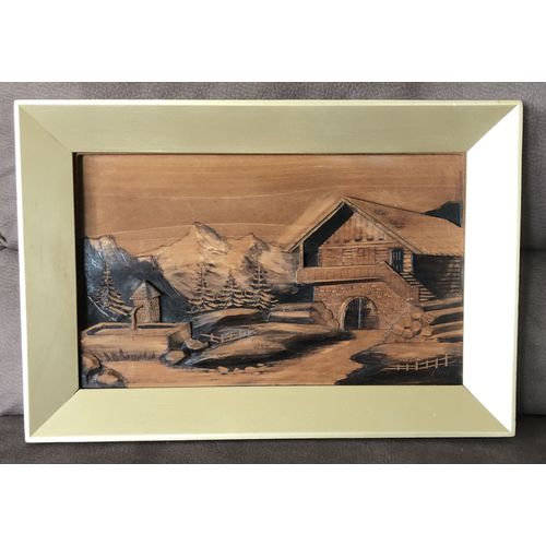 tableau en bois sculpté signé cleal 27 x 42 cm + encadrement