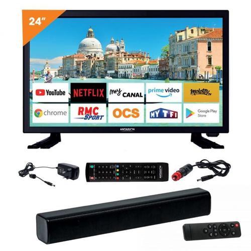 Pack ANTARION TV LED 24" 60cm Téléviseur SMART TV 12V + Barre de Son 30W