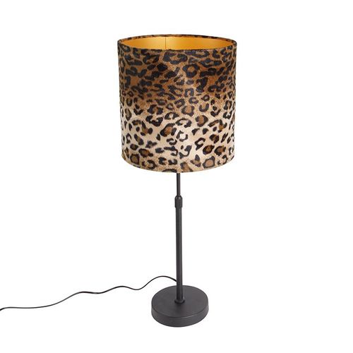Qazqa Classique/Antique Lampe Ã  Poser Abat-Jour Velours Noir Design Lã©Opard 25 Cm - Parte Acier /Tissu Noir,Imprimã© Lã©Opard Cylindre / Lampe De Lecture / Luminaire / Lumiere / ÃClairage / Intã©Rieur / Salon E27 Max. 1 X 60 Watt