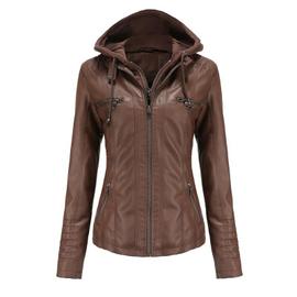 Blouson Femme Simili Cuir Capuche Amovible Printemps et Automne