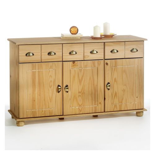 Buffet Colmar Commode Bahut Vaisselier Meuble Bas Rangement Avec 3 Tiroirs Et 3 Portes, En Pin Massif Teinté Et Ciré