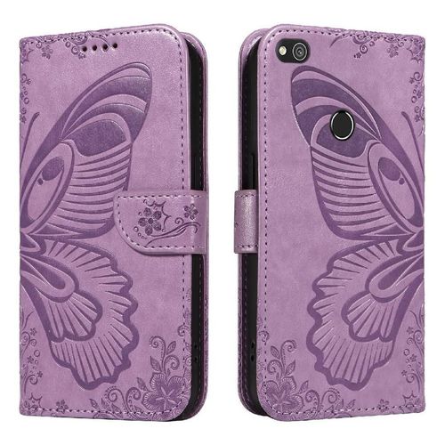 Flip Étui Pour Honor 8 Lite Papillon En Relief Avec Fente Pour Carte De Crédit Sangle De Main Détachable Cuir De Haute Qualité - Violet