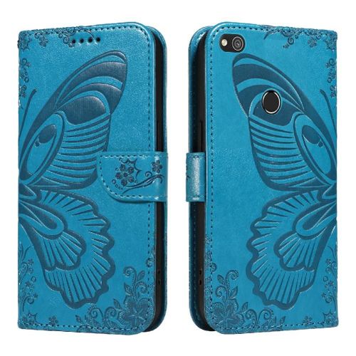 Flip Étui Pour Huawei P8 Lite Cuir De Haute Qualité Avec Fente Pour Carte De Crédit Sangle De Main Détachable Papillon En Relief - Bleu