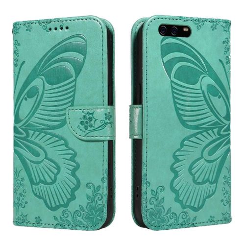 Flip Étui Pour Huawei P10 Papillon En Relief Sangle De Main Détachable Avec Fente Pour Carte De Crédit Cuir De Haute Qualité - Vert