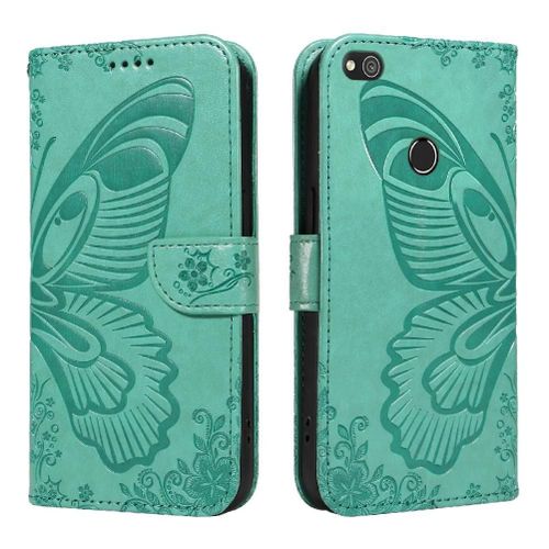 Flip Étui Pour Huawei P8 Lite Cuir De Haute Qualité Avec Fente Pour Carte De Crédit Sangle De Main Détachable Papillon En Relief - Vert