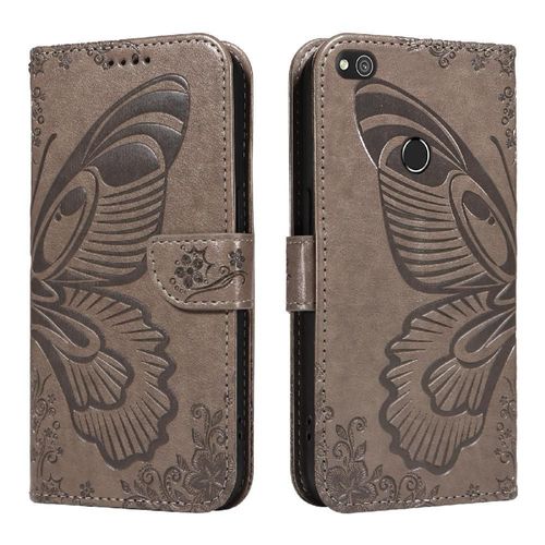Flip Étui Pour Huawei P8 Lite Cuir De Haute Qualité Avec Fente Pour Carte De Crédit Sangle De Main Détachable Papillon En Relief - Gris