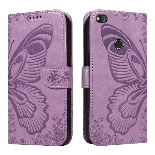 Flip Étui Pour Huawei P8 Lite Cuir De Haute Qualité Avec Fente Pour Carte De Crédit Sangle De Main Détachable Papillon En Relief - Violet