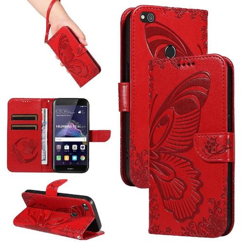 Flip Étui Pour Huawei P8 Lite Cuir De Haute Qualité Avec Fente Pour Carte De Crédit Sangle De Main Détachable Papillon En Relief - Rouge