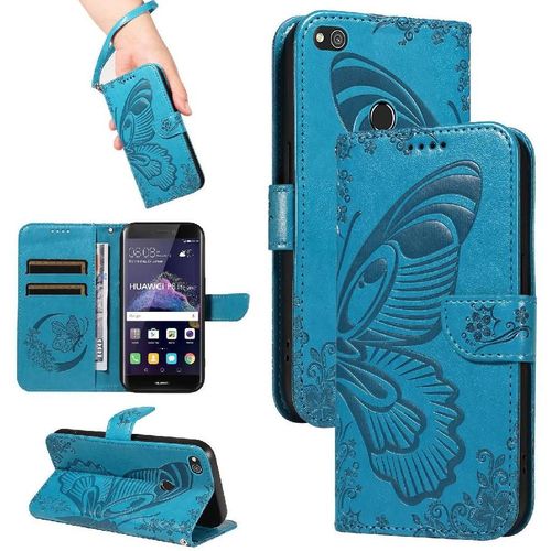 Flip Étui Pour Honor 8 Lite Papillon En Relief Avec Fente Pour Carte De Crédit Sangle De Main Détachable Cuir De Haute Qualité - Bleu