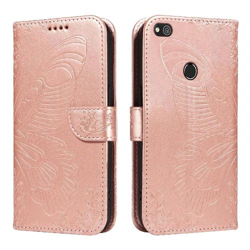 Flip Étui Pour Huawei P8 Lite Cuir De Haute Qualité Avec Fente Pour Carte De Crédit Sangle De Main Détachable Papillon En Relief - Couleur Rose
