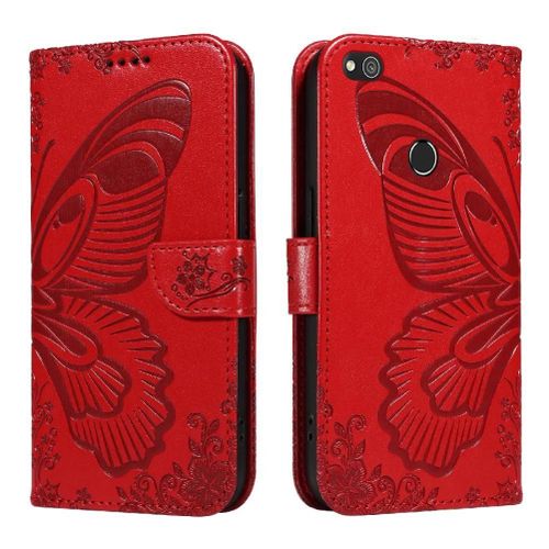 Flip Étui Pour Honor 8 Lite Papillon En Relief Avec Fente Pour Carte De Crédit Sangle De Main Détachable Cuir De Haute Qualité - Rouge