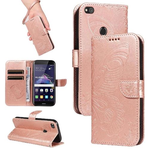 Flip Étui Pour Honor 8 Lite Papillon En Relief Avec Fente Pour Carte De Crédit Sangle De Main Détachable Cuir De Haute Qualité - Couleur Rose