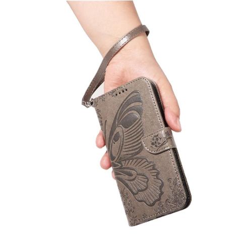 Flip Étui Pour Honor 8 Lite Papillon En Relief Avec Fente Pour Carte De Crédit Sangle De Main Détachable Cuir De Haute Qualité - Gris