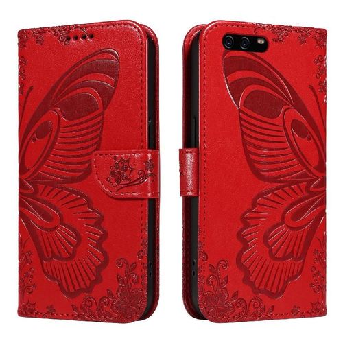 Flip Étui Pour Huawei P10 Papillon En Relief Sangle De Main Détachable Avec Fente Pour Carte De Crédit Cuir De Haute Qualité - Rouge