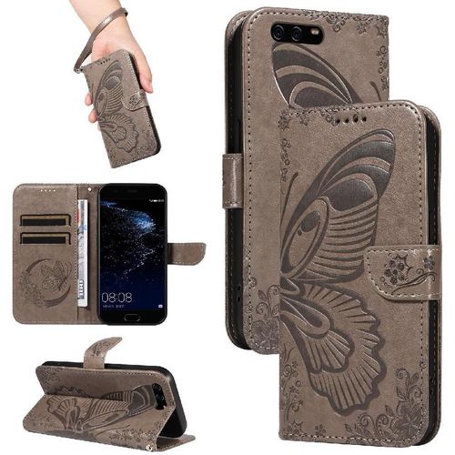 Flip Étui Pour Huawei P10 Papillon En Relief Sangle De Main Détachable Avec Fente Pour Carte De Crédit Cuir De Haute Qualité - Gris