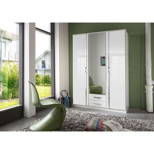 Armoire 3 Portes 1 Miroir + 2 Tiroirs - Décor Blanc - L 135 X P 56 ...