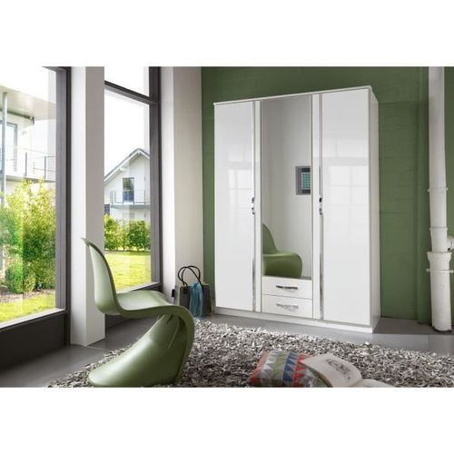 Armoire 3 Portes 1 Miroir + 2 Tiroirs - Décor Blanc - L 135 X P 56 X H 199 Cm - Trio