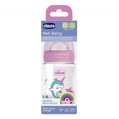 Chicco-Biberon Bien-Être 150ml - Tétine Silicone - Flux Lent - 0m+ - Rose