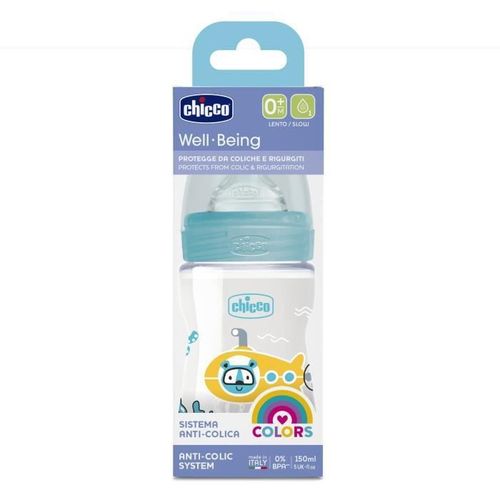 Chicco-Biberon Bien-Être 150ml - Tétine Silicone - Flux Lent - 0m+ - Bleu