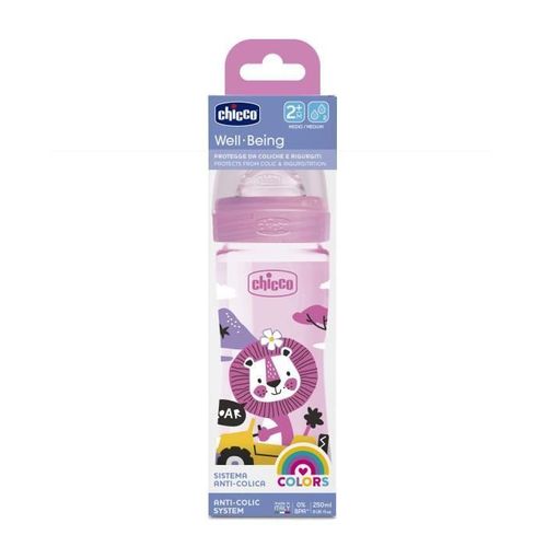 Chicco-Biberon Bien-Être 250ml - Tétine Silicone - Flux Moyen - 2m+ - Rose