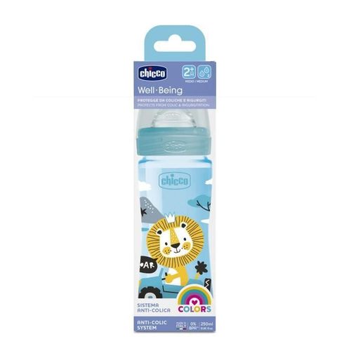 Chicco-Biberon Bien-Être 250ml - Tétine Silicone - Flux Moyen - 2m+ - Bleu