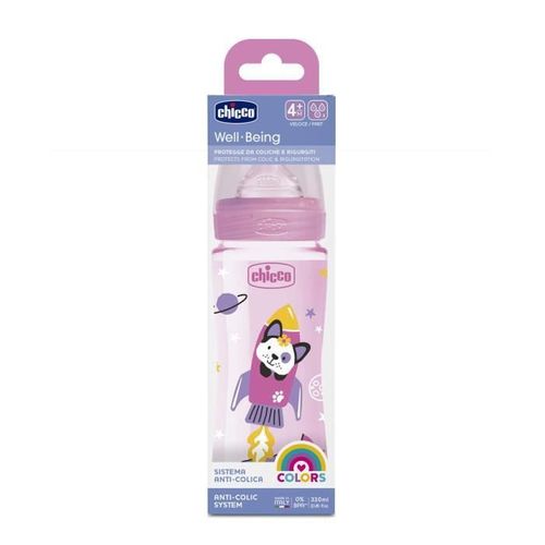 Chicco-Biberon Bien-Être 330ml - Tétine Silicone - Flux Rapide - 4m+ - Rose