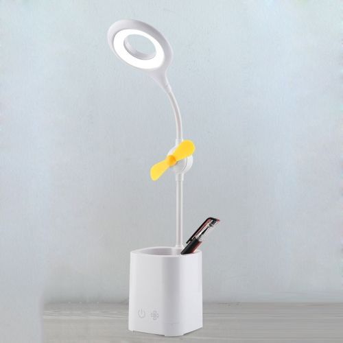 WS-8010 Lampe de bureau avec ventilateur LED, lampe de bureau pliante USB, porte-stylo, lame de ventilateur jaune