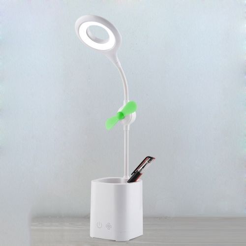 WS-8010 Lampe de bureau avec ventilateur LED, lampe de bureau pliante USB, couleur : porte-stylo, lame de ventilateur verte